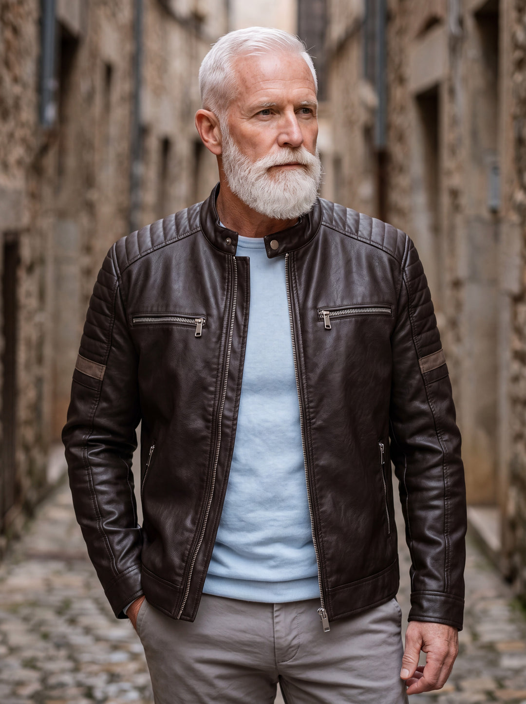 Orson jacket in Dark Brown, worn by a model in a Mediterranean setting - Gentlemens Manor lifestyle