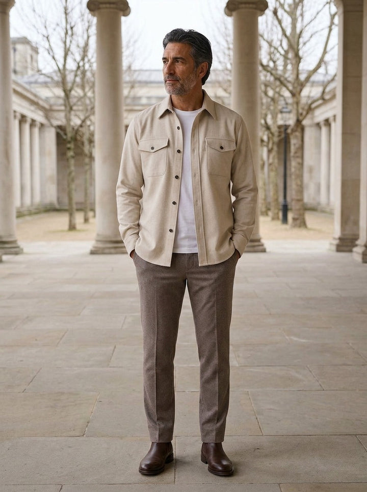 Osborne brushed overshirt in Beige, lifestyle in a stone colonnade, Gentlemens Manor