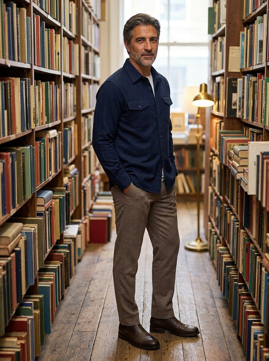 Osborne brushed overshirt in Navy, lifestyle in a secondhand bookshop, Gentlemens Manor