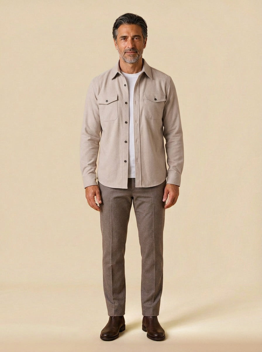 Osborne brushed overshirt in Oatmeal, studio, Gentlemens Manor
