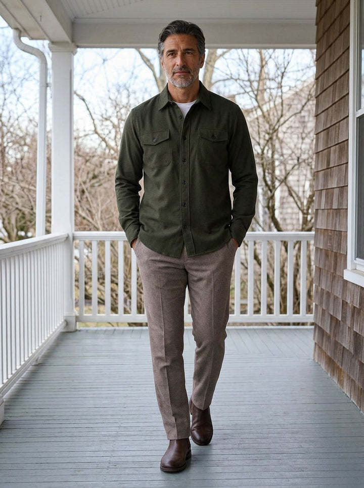 Osborne brushed overshirt in Olive, lifestyle on a covered porch, Gentlemens Manor