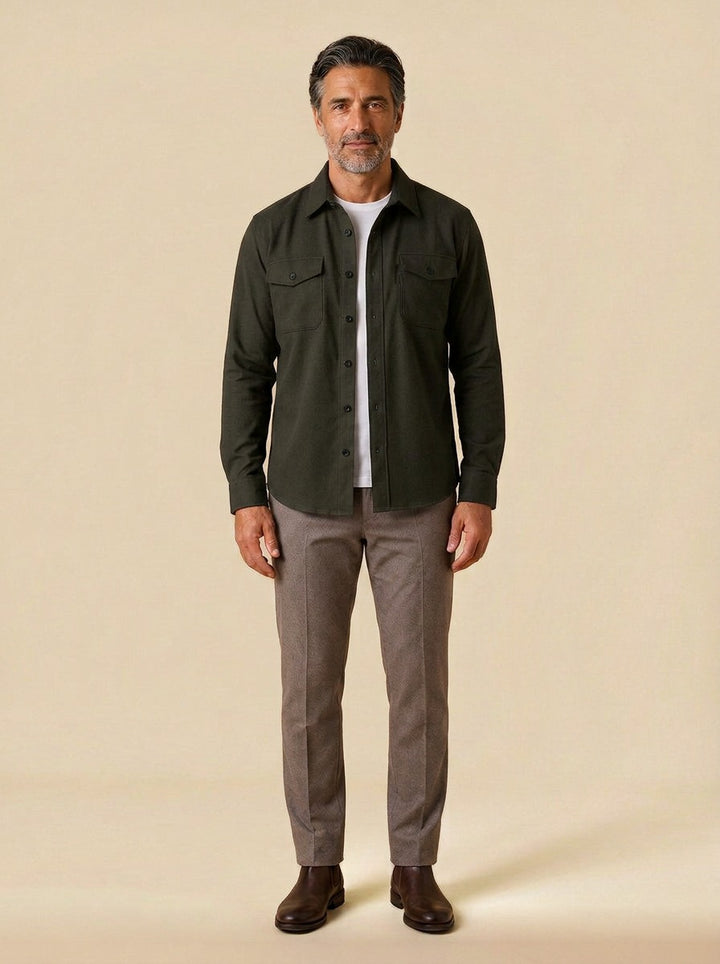 Osborne brushed overshirt in Olive, studio, Gentlemens Manor