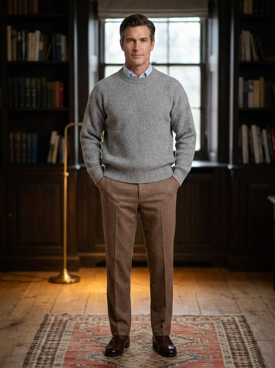 Osgood fine rib crew neck sweater in Grey, lifestyle in a private study, Gentlemens Manor