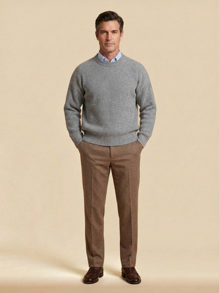 Osgood fine rib crew neck sweater in Grey, studio, Gentlemens Manor