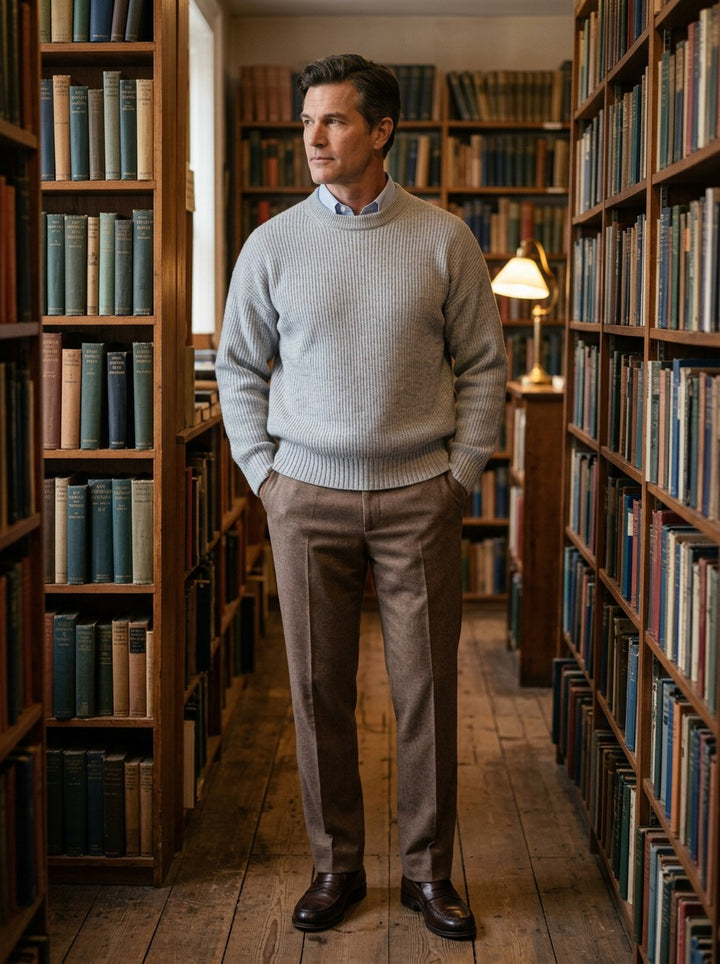 Osgood fine rib crew neck sweater in Light Grey, lifestyle in a secondhand bookshop, Gentlemens Manor