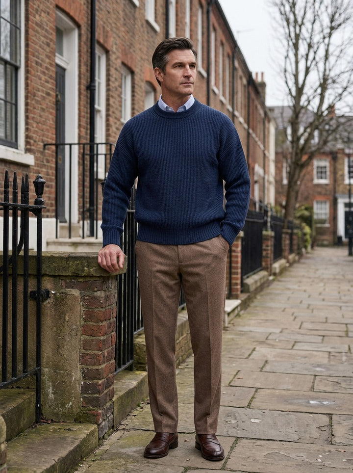 Osgood fine rib crew neck sweater in Navy, lifestyle on a street of brick row houses, Gentlemens Manor