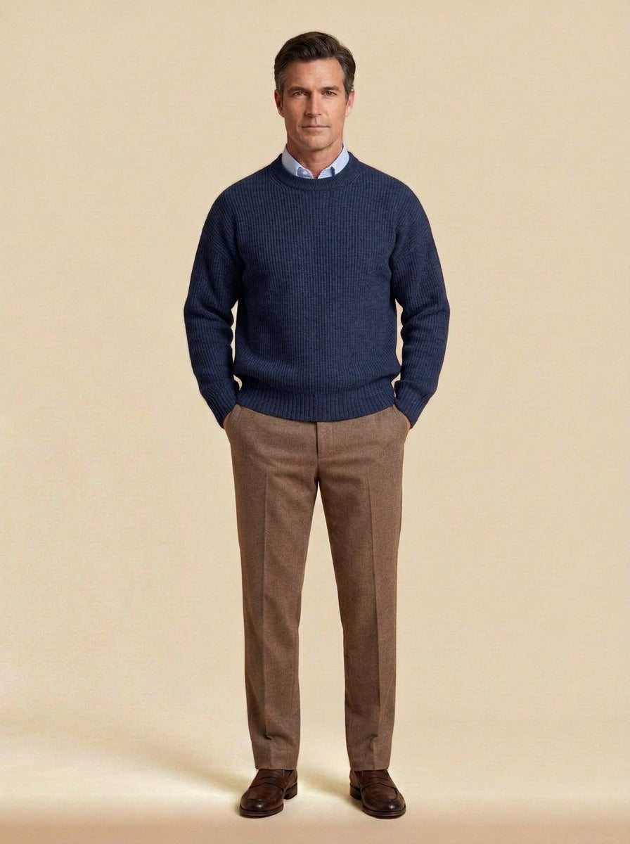 Osgood fine rib crew neck sweater in Navy, studio, Gentlemens Manor