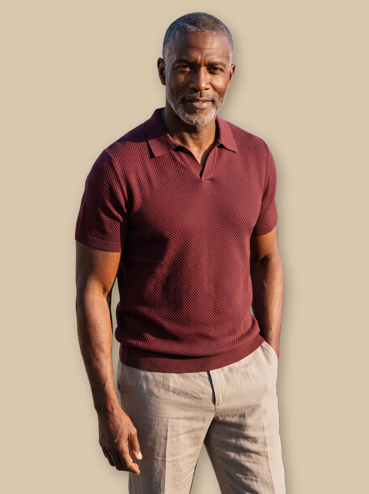 Oswald polo shirt in Burgundy, studio - Gentlemens Manor