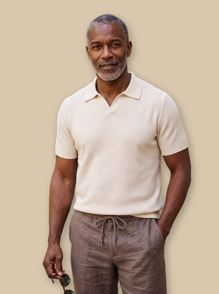 Oswald polo shirt in Cream, studio - Gentlemens Manor