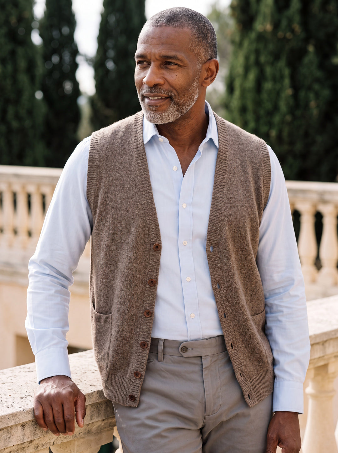 Otto vest in Brown, worn by a model in a Mediterranean setting - Gentlemens Manor lifestyle
