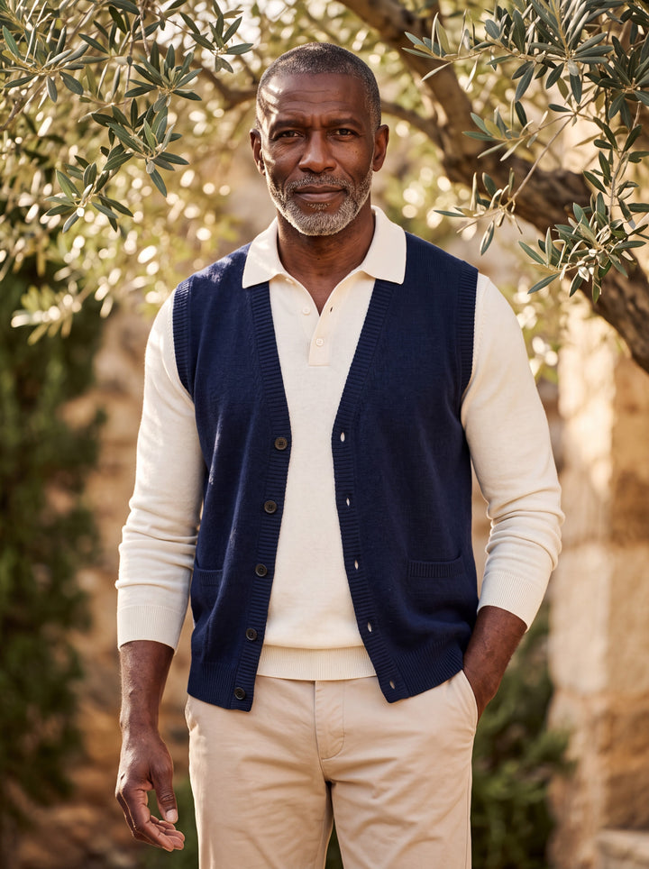 Otto vest in Navy, worn by a model in a Mediterranean setting - Gentlemens Manor lifestyle