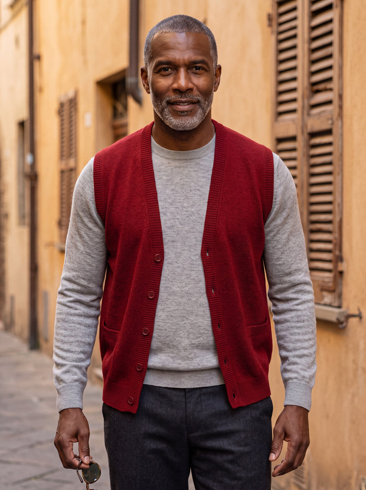 Otto vest in Red, worn by a model in a Mediterranean setting - Gentlemens Manor lifestyle