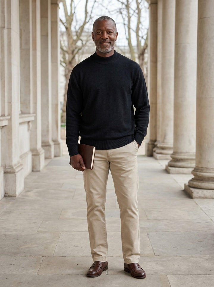 Oxley relaxed mock neck sweater in Black, lifestyle in a stone colonnade, Gentlemens Manor