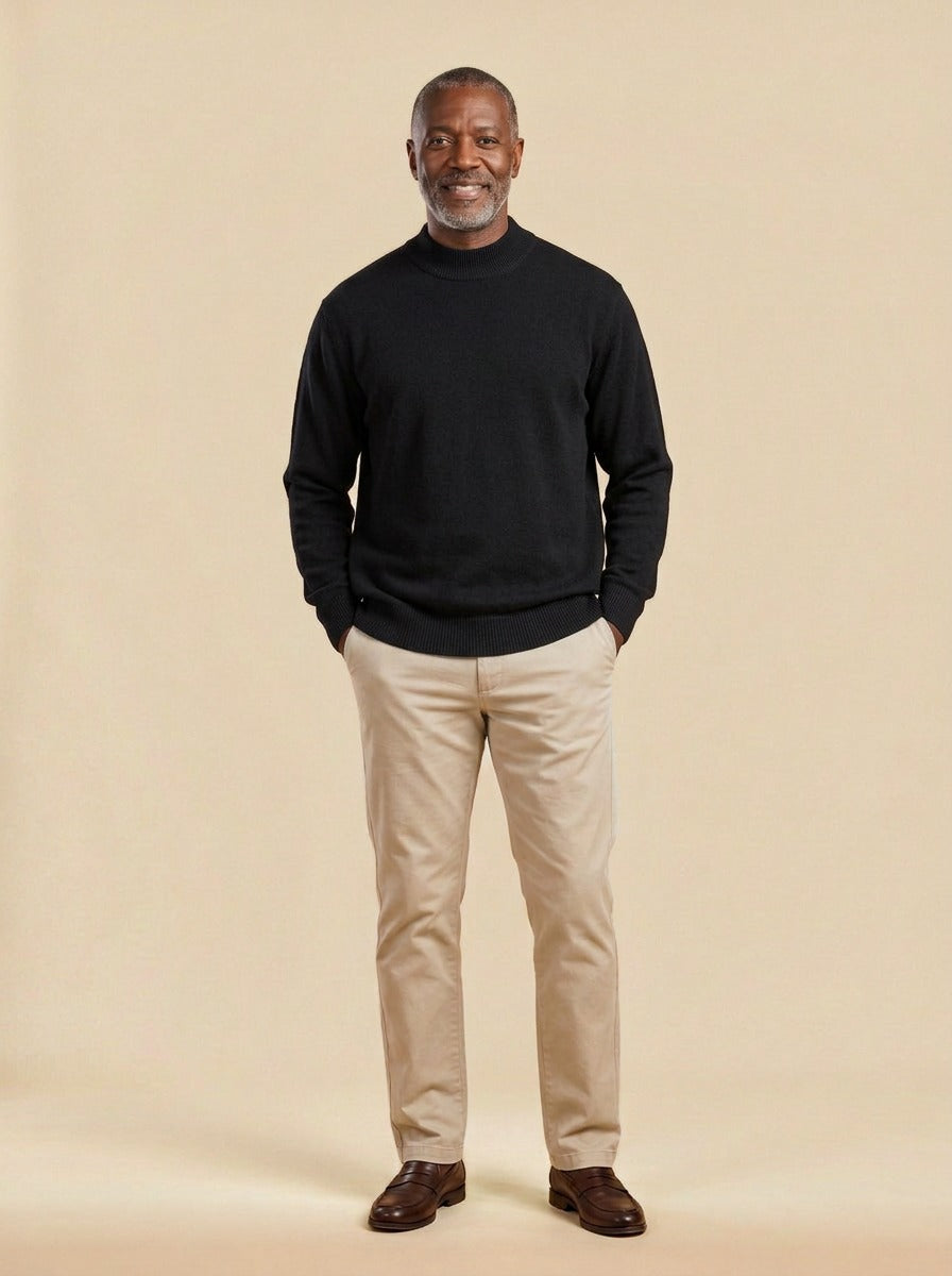 Oxley relaxed mock neck sweater in Black, studio, Gentlemens Manor