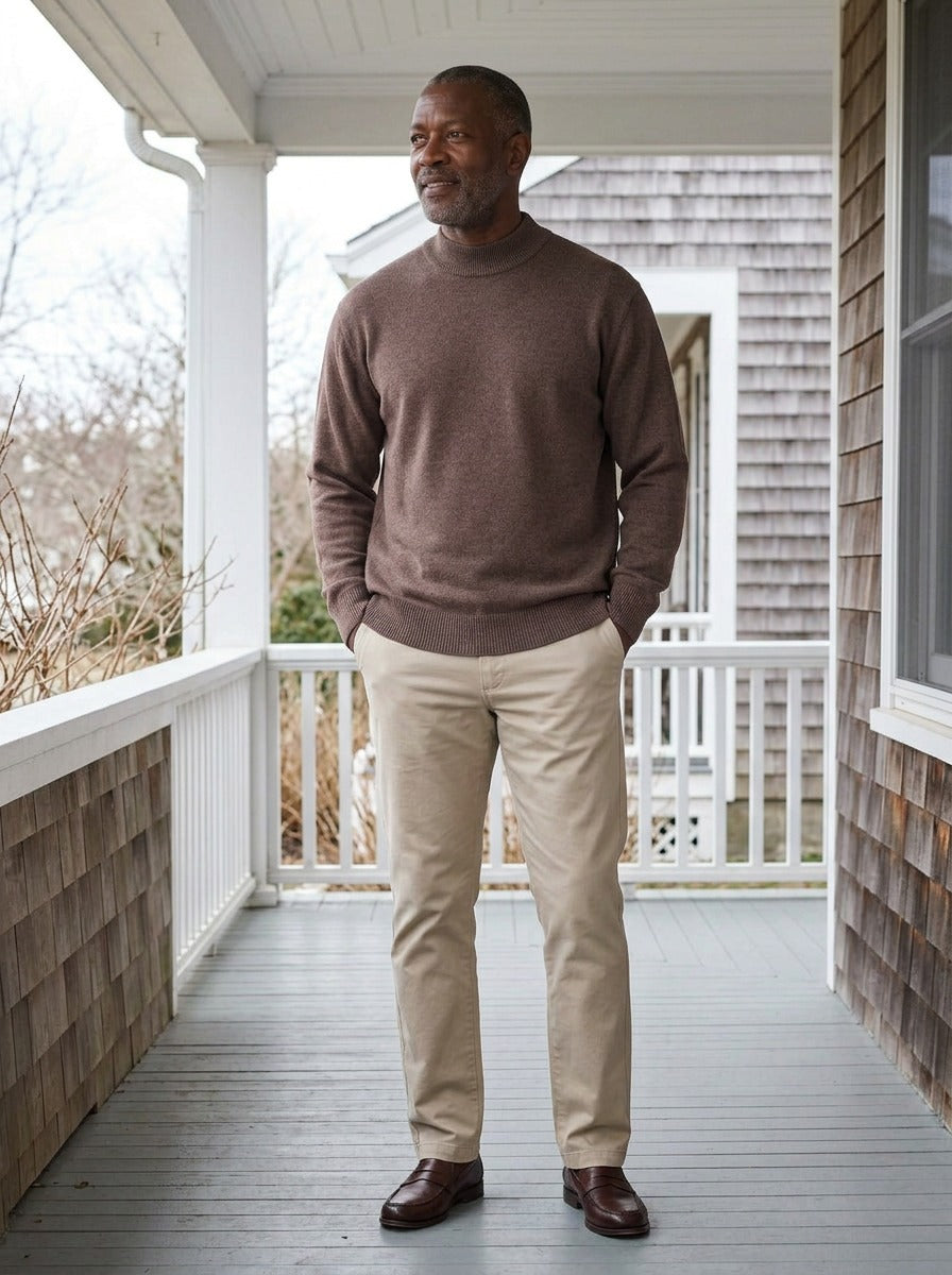 Oxley relaxed mock neck sweater in Brown, lifestyle on a covered porch, Gentlemens Manor