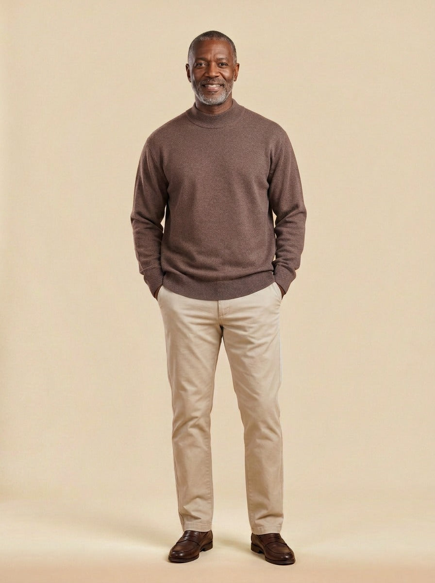 Oxley relaxed mock neck sweater in Brown, studio, Gentlemens Manor