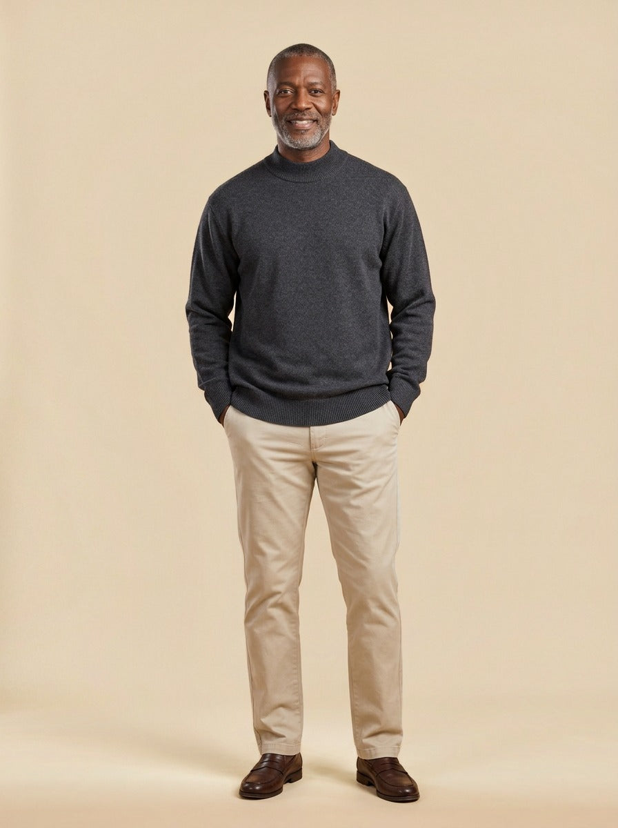 Oxley relaxed mock neck sweater in Charcoal, studio, Gentlemens Manor