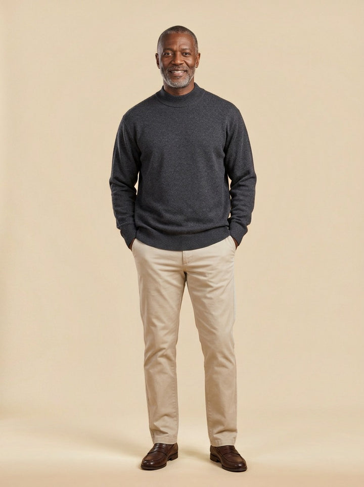 Oxley relaxed mock neck sweater in Charcoal, studio, Gentlemens Manor