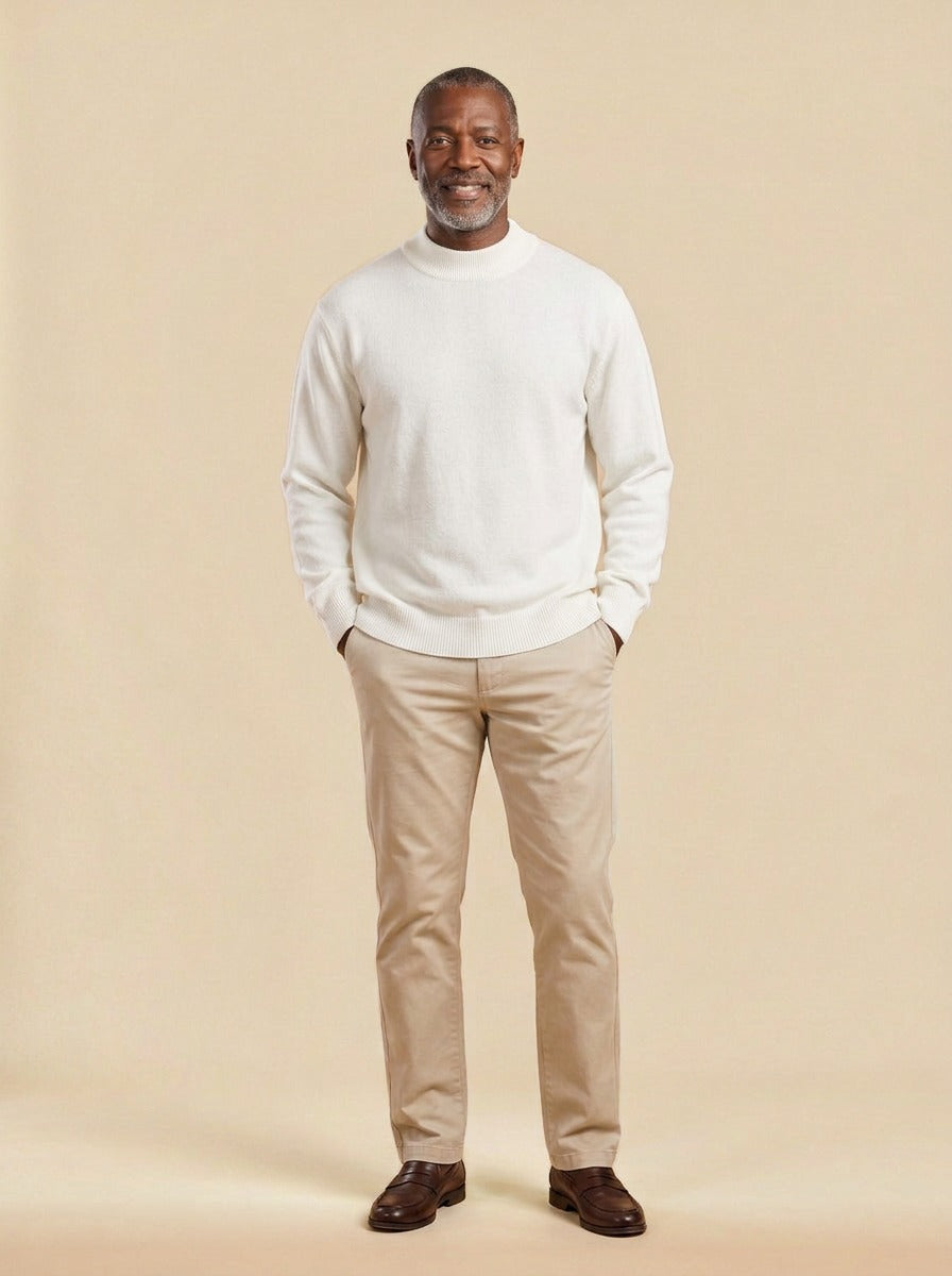 Oxley relaxed mock neck sweater in White, studio, Gentlemens Manor