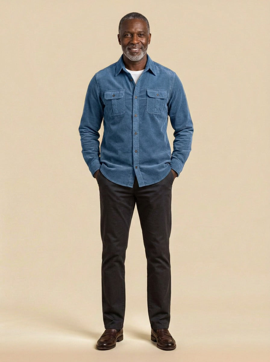 Packard corduroy flap pocket overshirt in Blue, studio, Gentlemens Manor