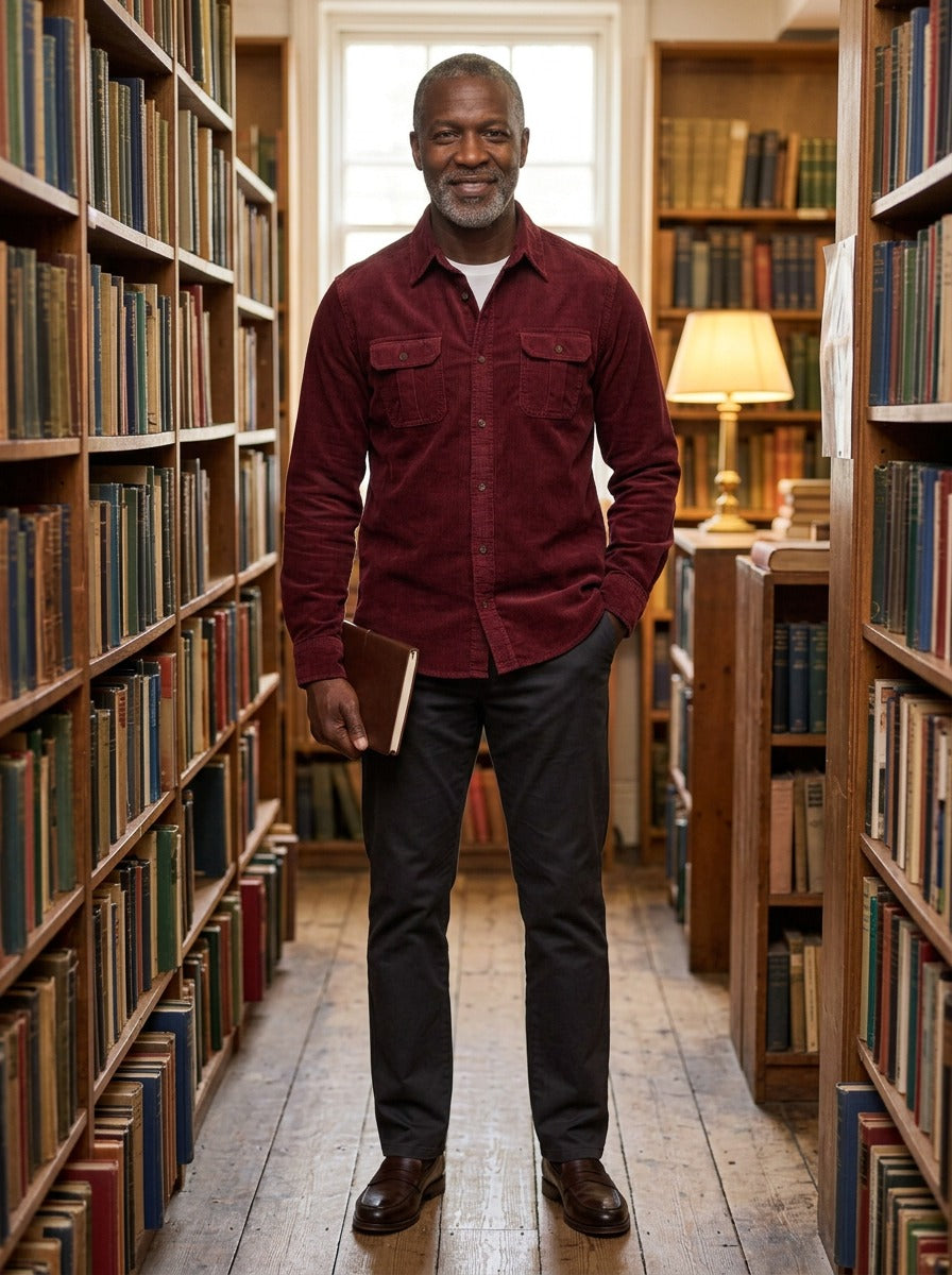 Packard corduroy flap pocket overshirt in Burgundy, lifestyle in a secondhand bookshop, Gentlemens Manor
