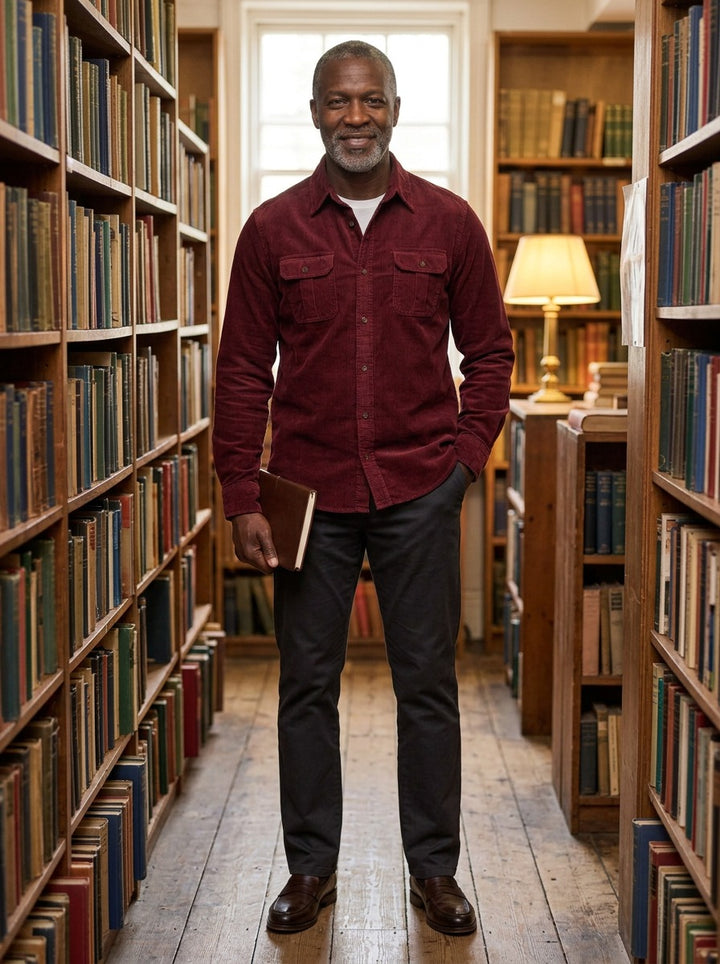 Packard corduroy flap pocket overshirt in Burgundy, lifestyle in a secondhand bookshop, Gentlemens Manor