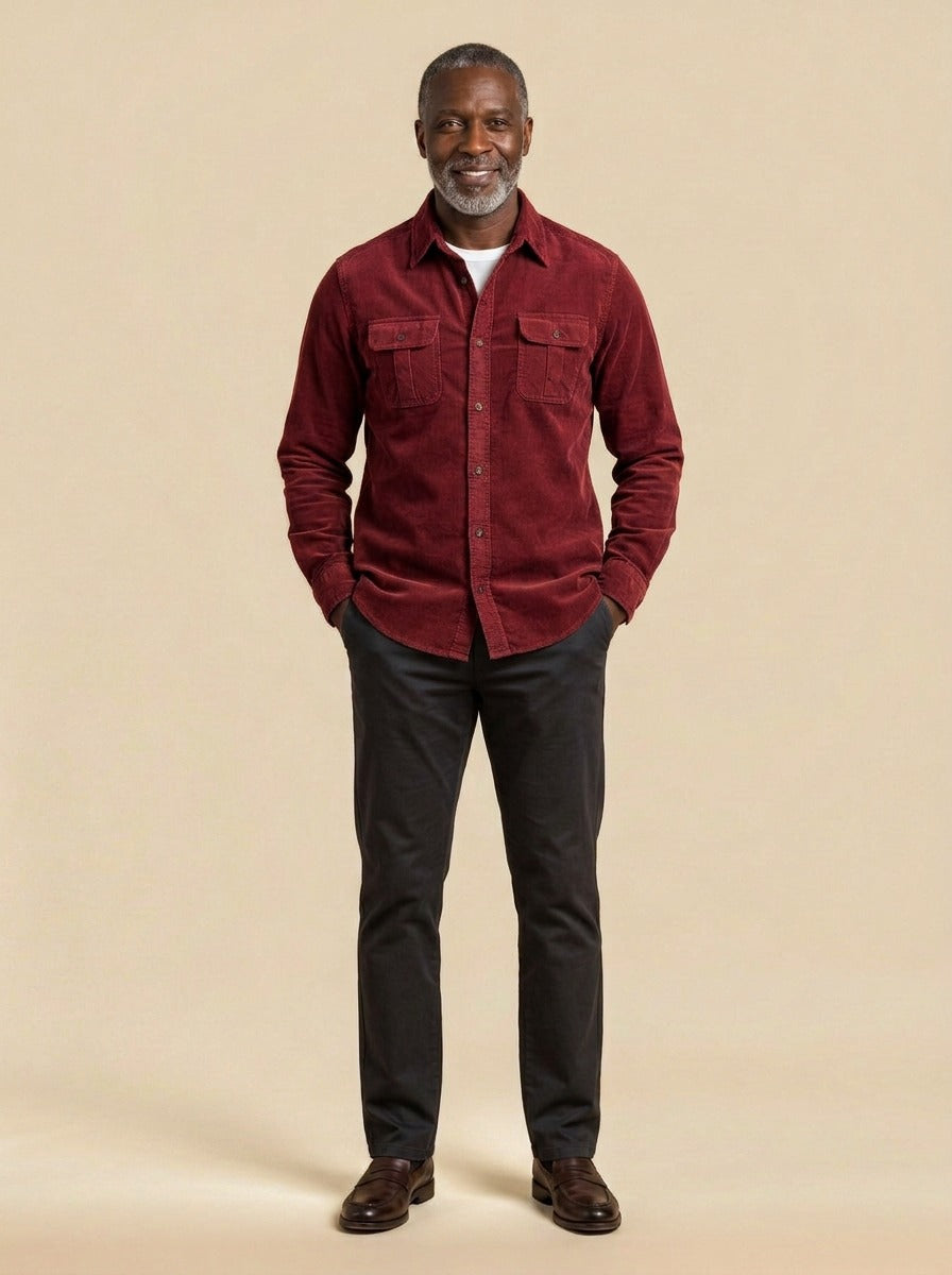 Packard corduroy flap pocket overshirt in Burgundy, studio, Gentlemens Manor