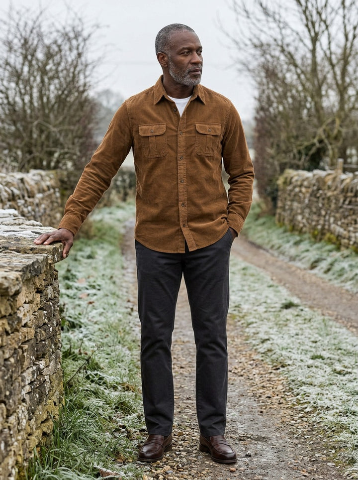 Packard corduroy flap pocket overshirt in Dark Brown, lifestyle on a country lane, Gentlemens Manor
