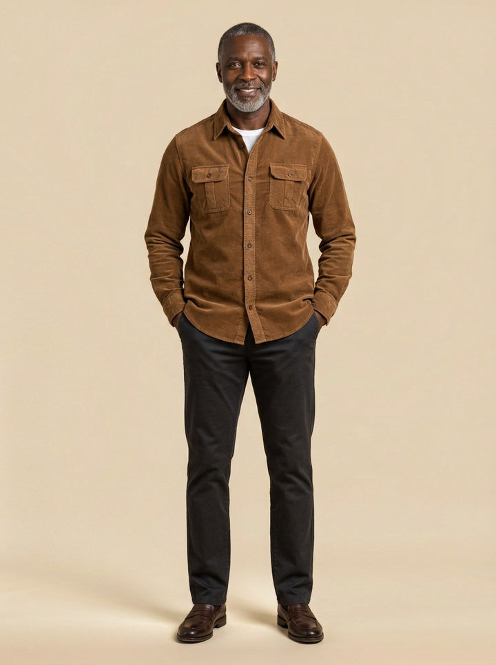 Packard corduroy flap pocket overshirt in Dark Brown, studio, Gentlemens Manor