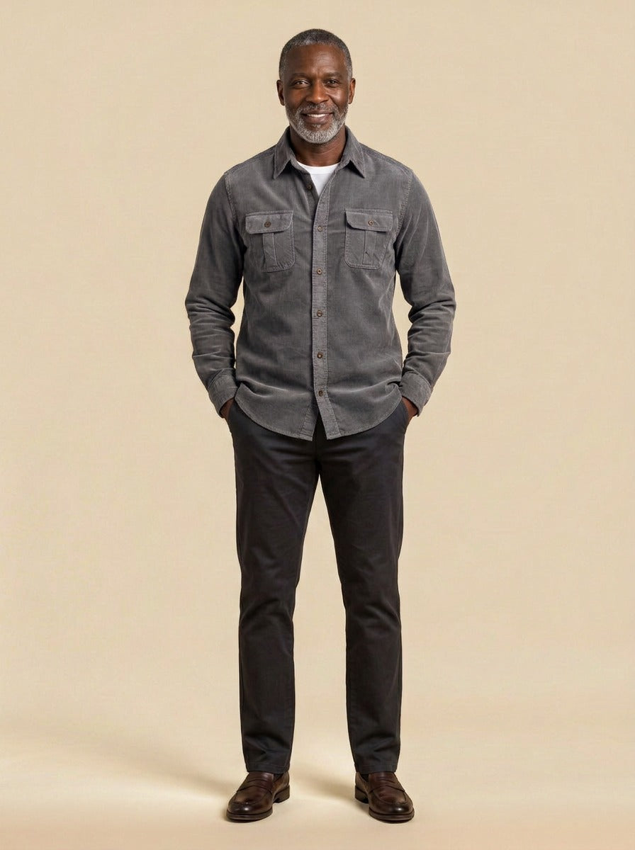 Packard corduroy flap pocket overshirt in Grey, studio, Gentlemens Manor