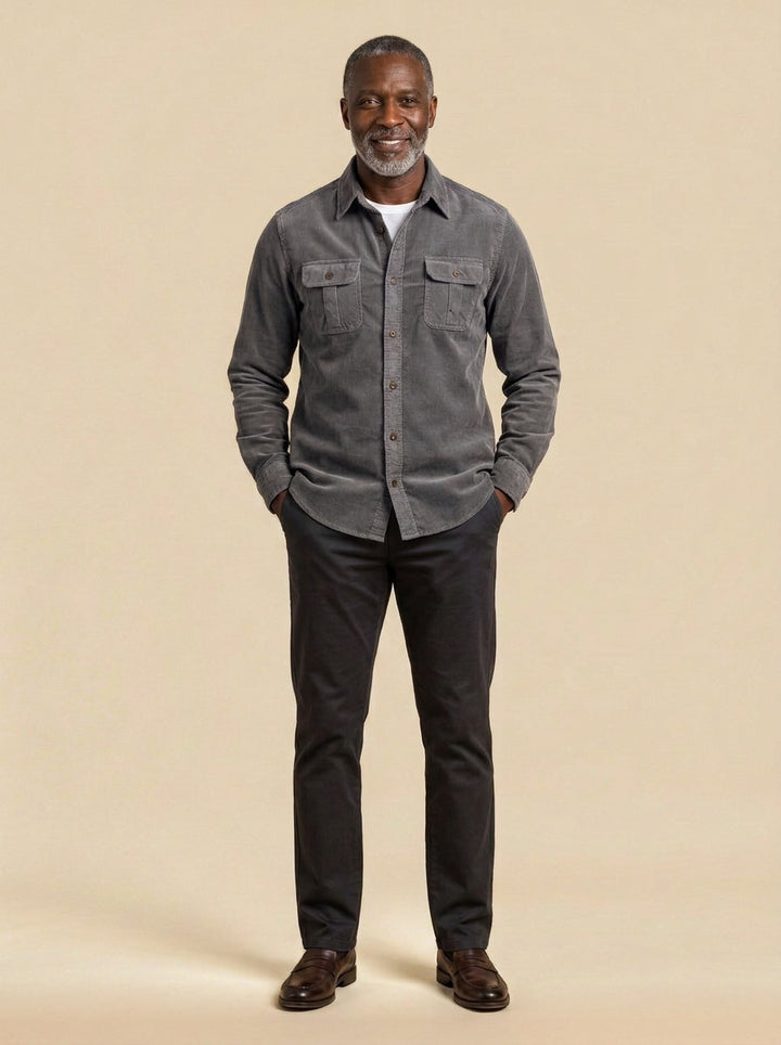 Packard corduroy flap pocket overshirt in Grey, studio, Gentlemens Manor