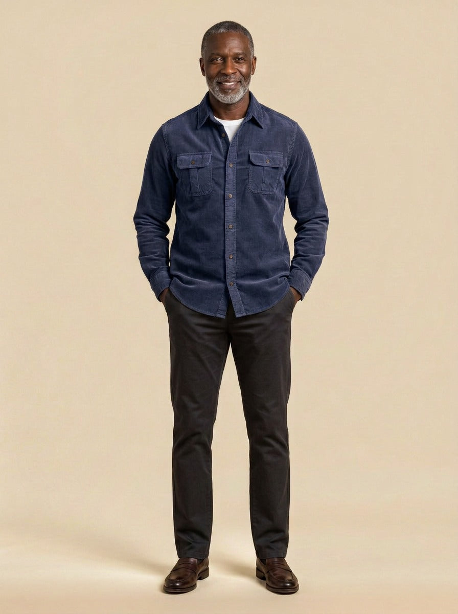 Packard corduroy flap pocket overshirt in Navy, studio, Gentlemens Manor