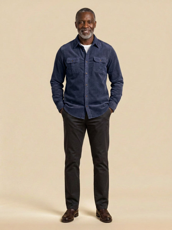 Packard corduroy flap pocket overshirt in Navy, studio, Gentlemens Manor