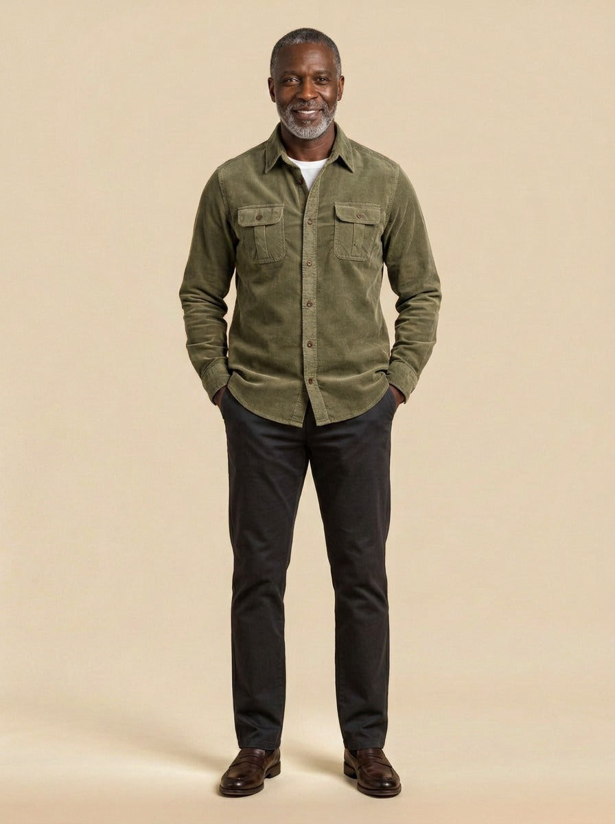 Packard corduroy flap pocket overshirt in Olive, studio, Gentlemens Manor