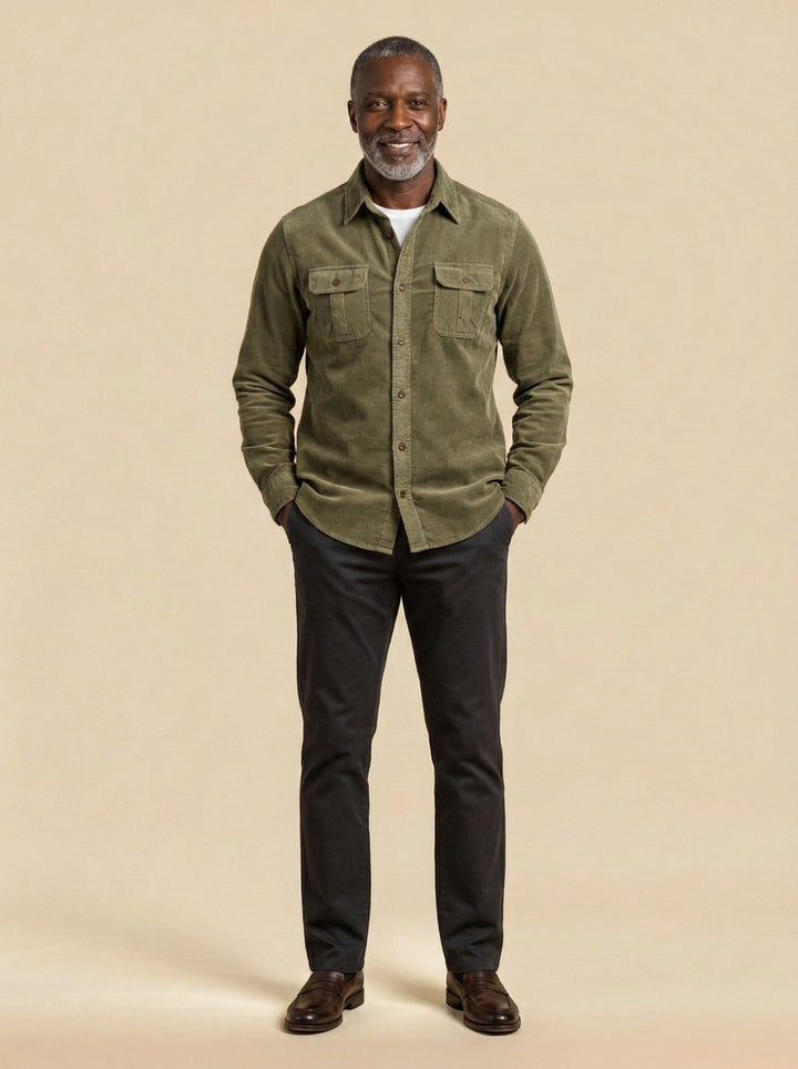 Packard corduroy flap pocket overshirt in Olive, studio, Gentlemens Manor