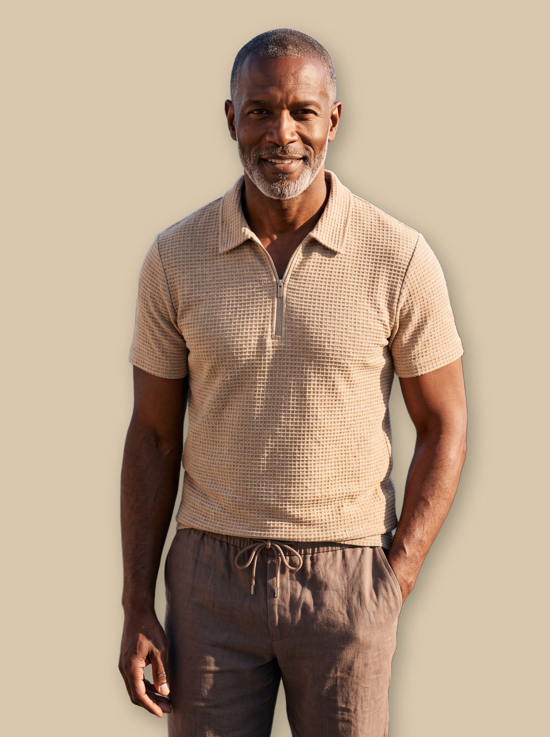Parker polo shirt in Sand, studio - Gentlemens Manor