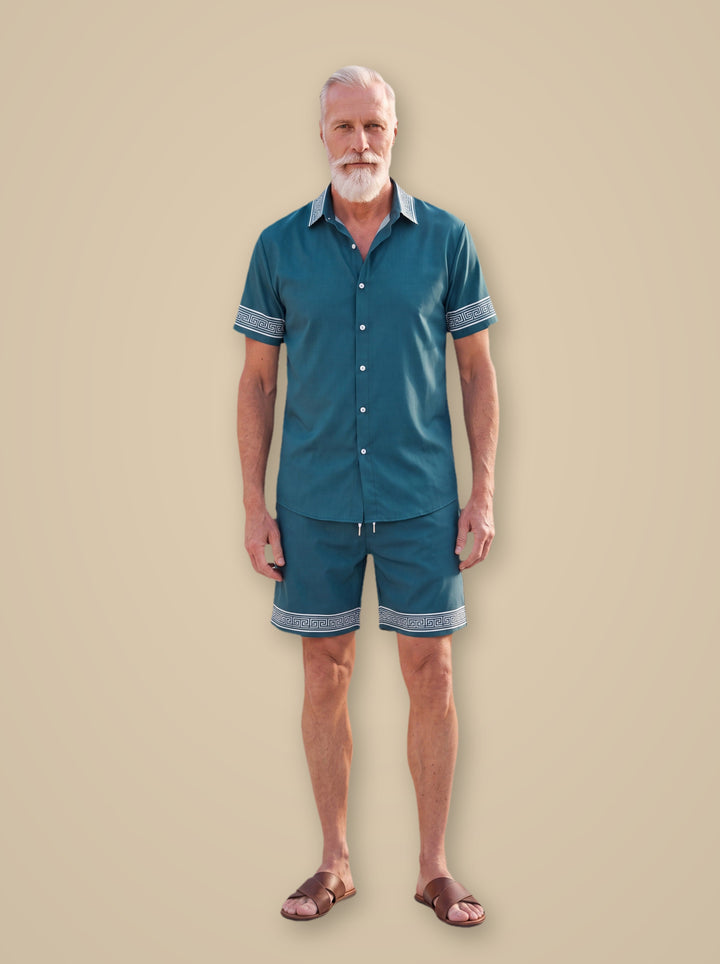 Parker two piece set in Blue, worn by a model on a warm sand studio background - Gentlemens Manor