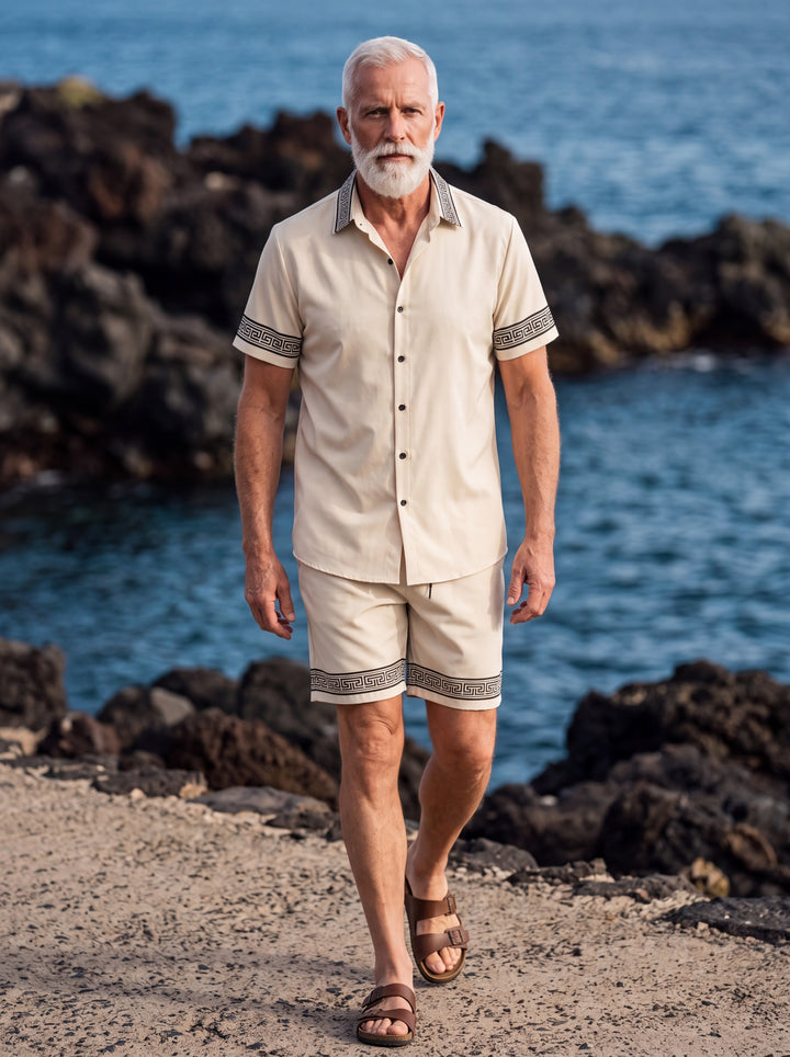 Parker Men two-piece summer set in cream, worn by a model in a Mediterranean setting - Gentlemens Manor lifestyle