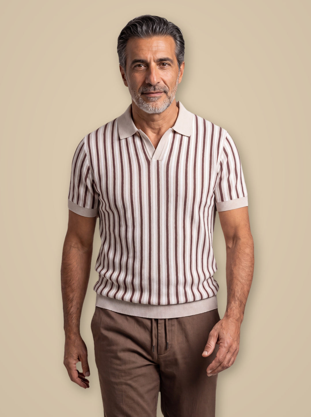 Patrick polo shirt in Cream, worn by a model on a warm taupe studio background - Gentlemens Manor