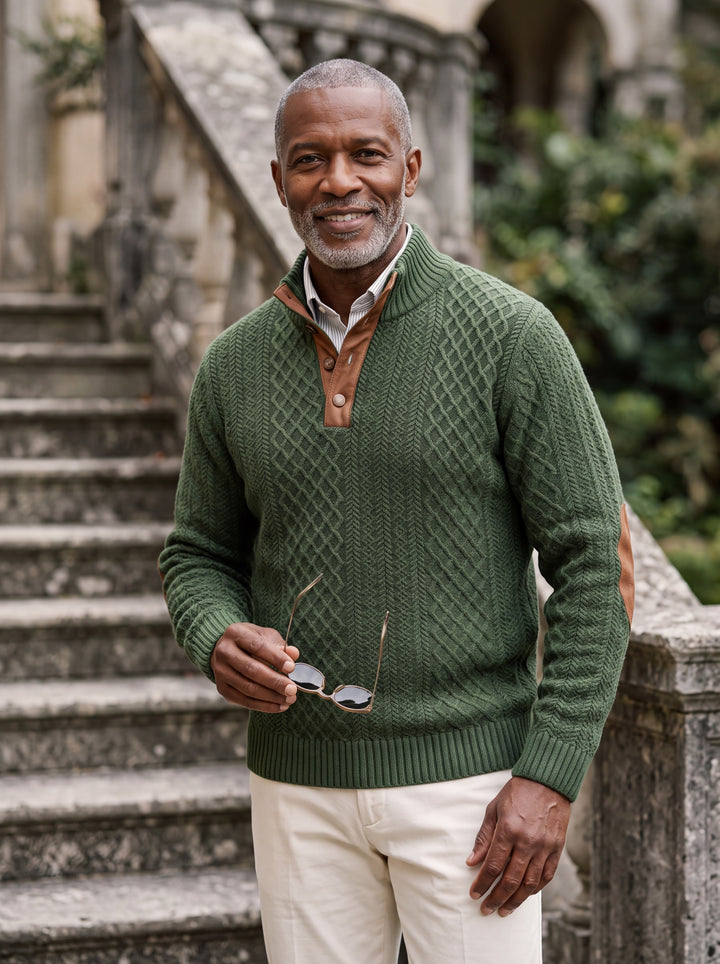 Pearce sweater in Green, worn by a model in a Mediterranean setting - Gentlemens Manor lifestyle
