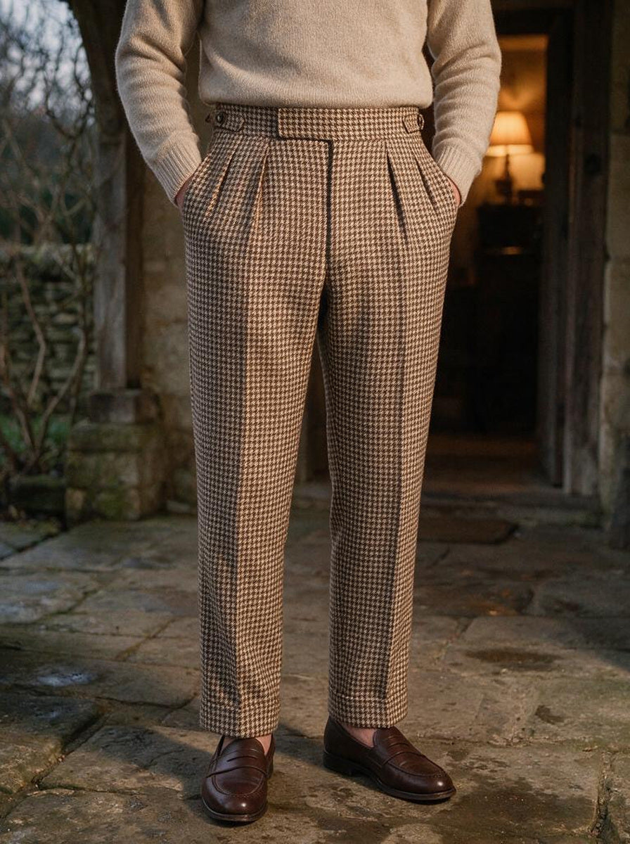 Pemberton houndstooth trousers in Brown, lifestyle, Gentlemens Manor