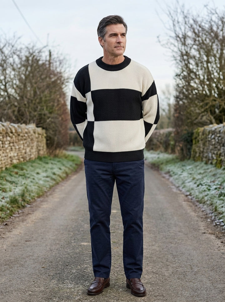 Pembroke sweater in Black White, lifestyle on a country lane, Gentlemens Manor