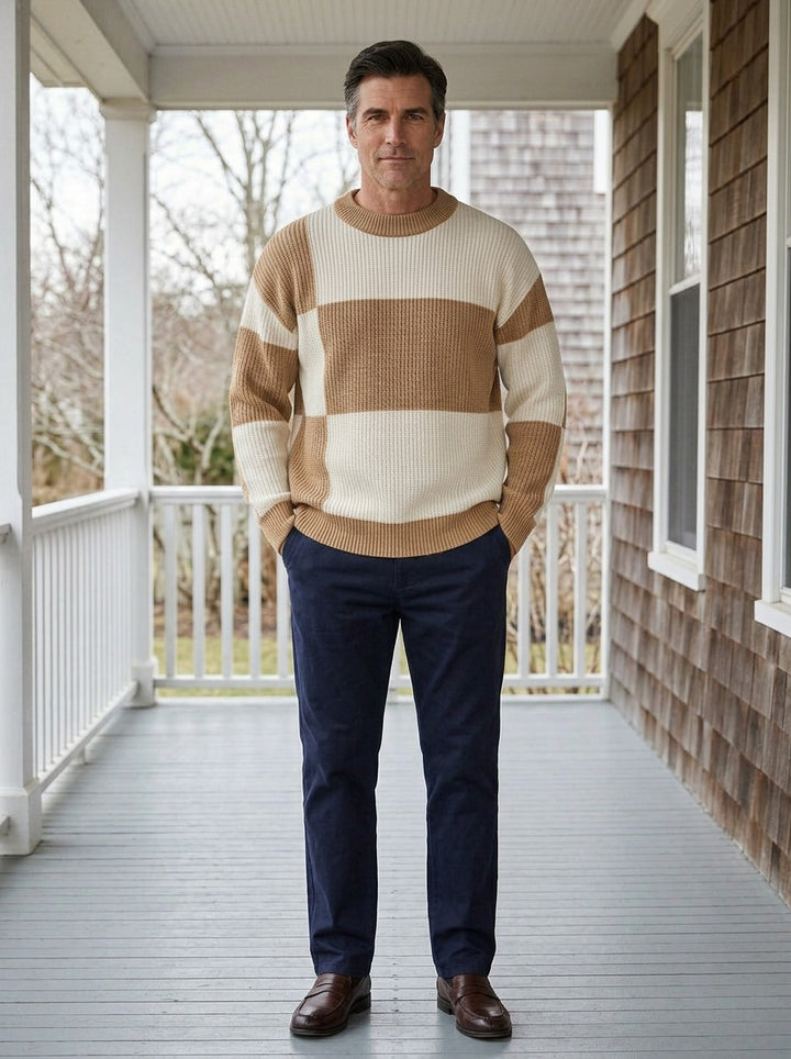 Pembroke sweater in Camel Cream, lifestyle on a covered porch, Gentlemens Manor