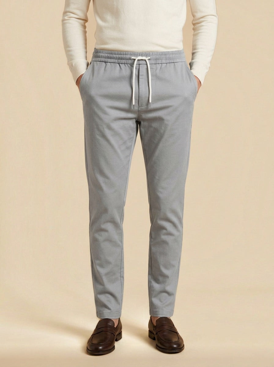 Pendleton slim twill drawstring trousers in Light Grey, studio, Gentlemens Manor