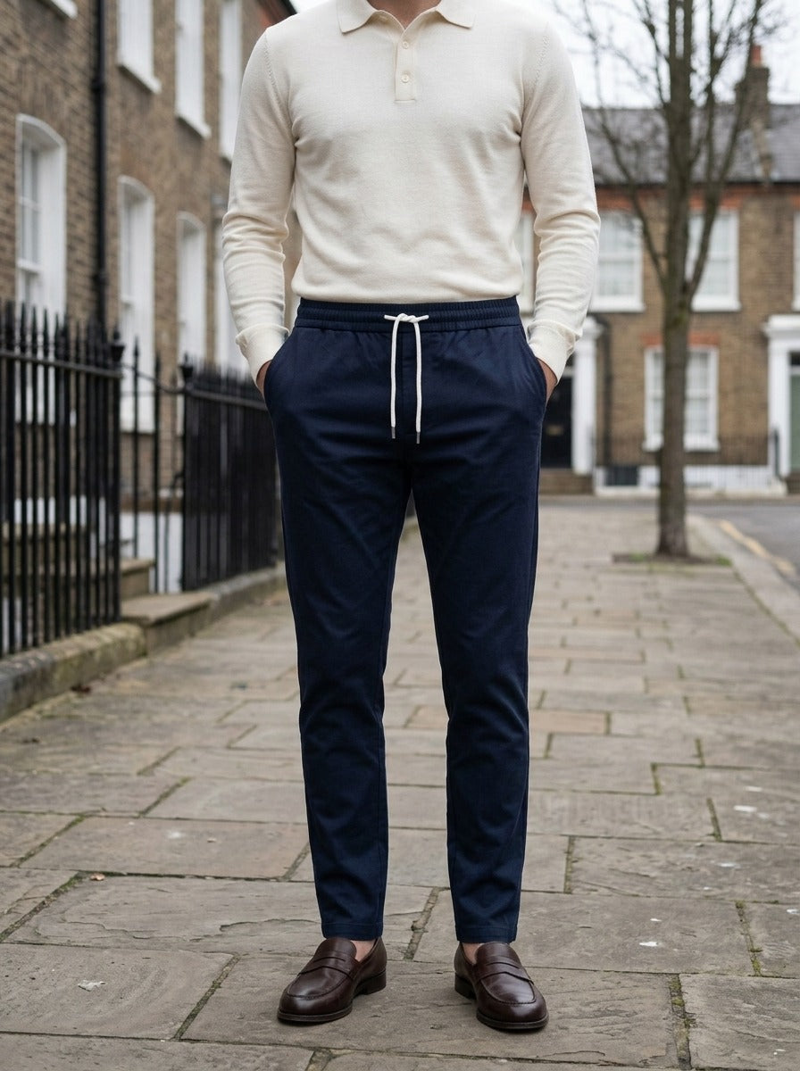 Pendleton slim twill drawstring trousers in Navy, lifestyle on a street of brick row houses, Gentlemens Manor