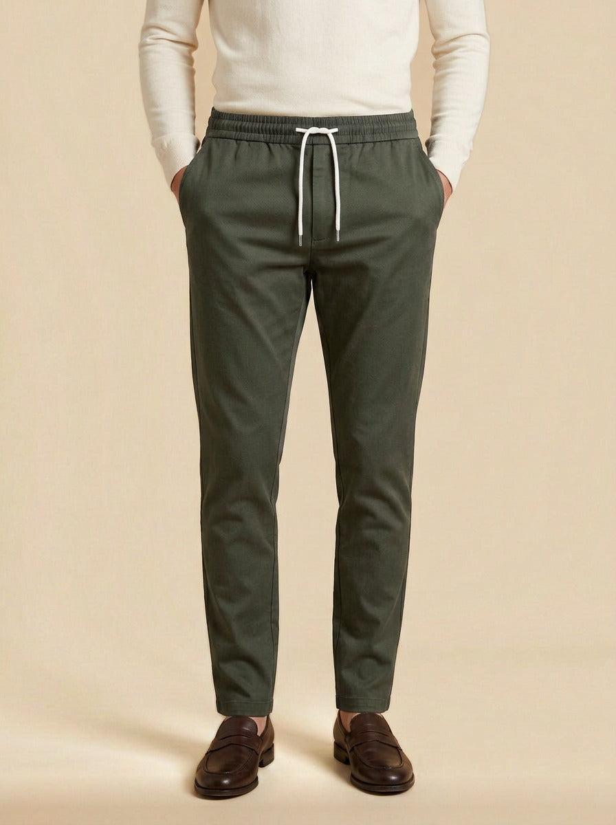 Pendleton slim twill drawstring trousers in Olive, studio, Gentlemens Manor