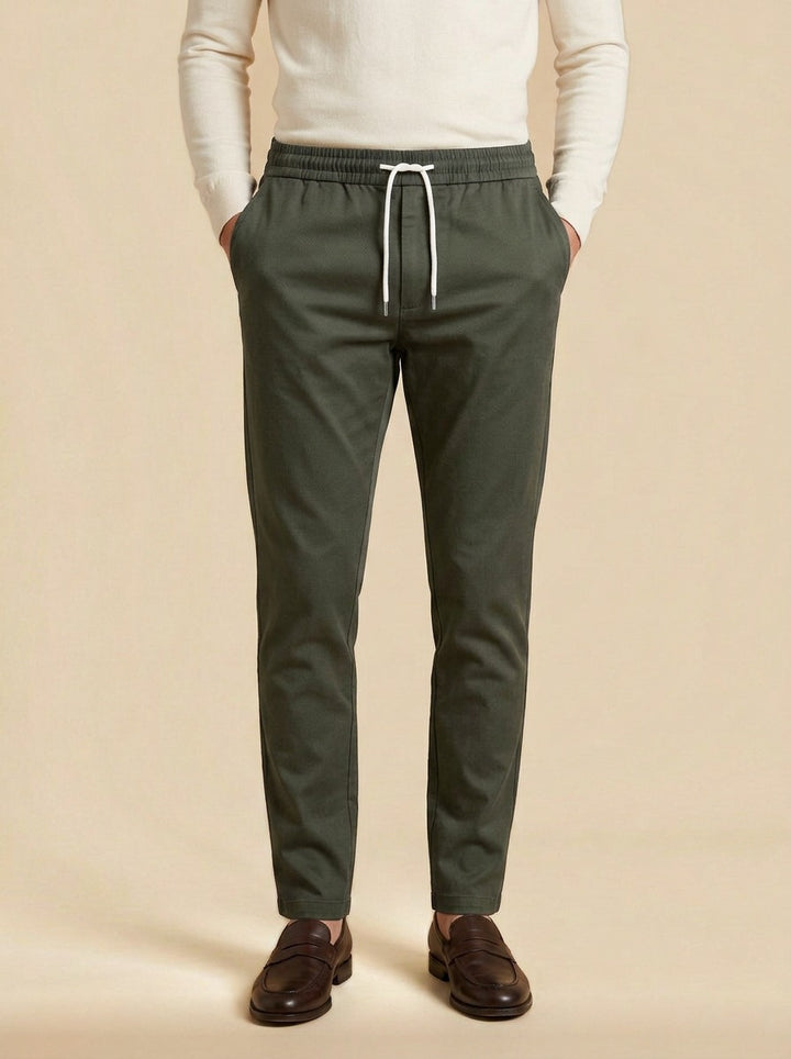 Pendleton slim twill drawstring trousers in Olive, studio, Gentlemens Manor