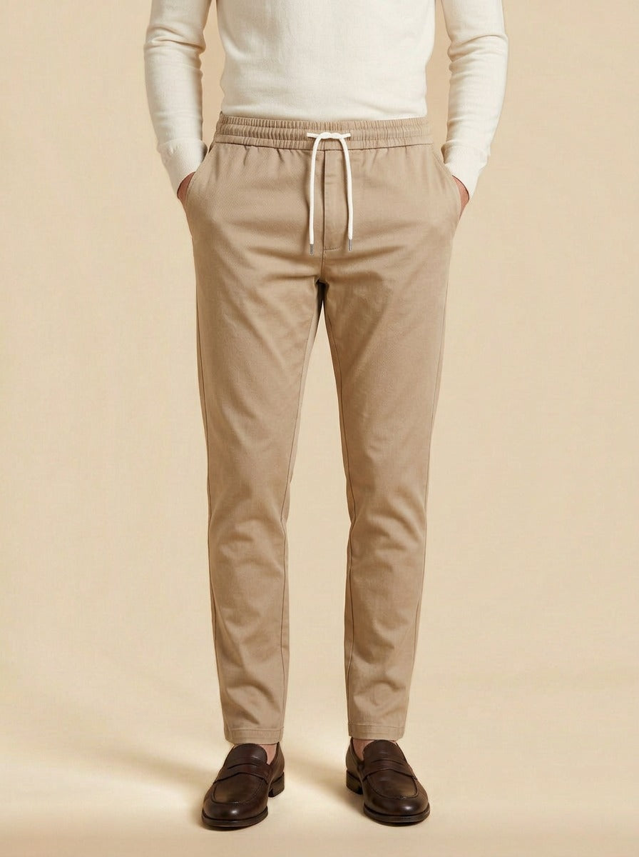 Pendleton slim twill drawstring trousers in Sand, studio, Gentlemens Manor