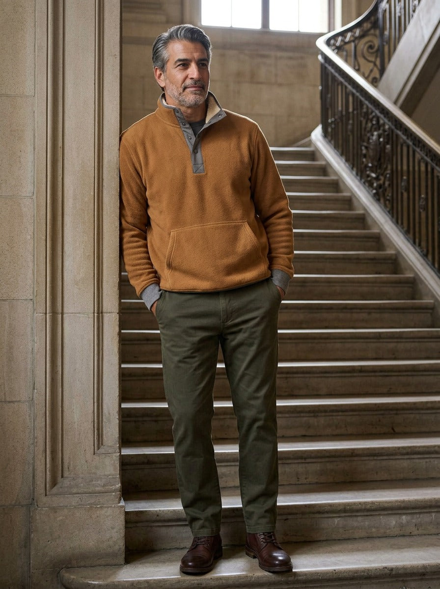 Pennington sweater in Camel, lifestyle on a civic stone staircase, Gentlemens Manor