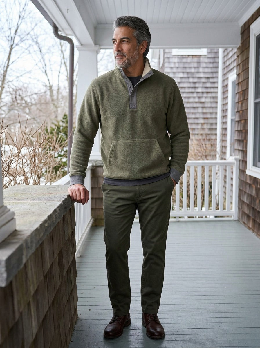 Pennington sweater in Olive, lifestyle on a covered porch, Gentlemens Manor